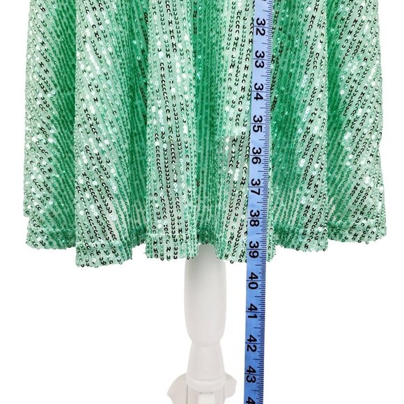 One-Shoulder Light Green Sequined Dress With Ribbon Waist Flowing Skirt Size M - Picture 6 of 12